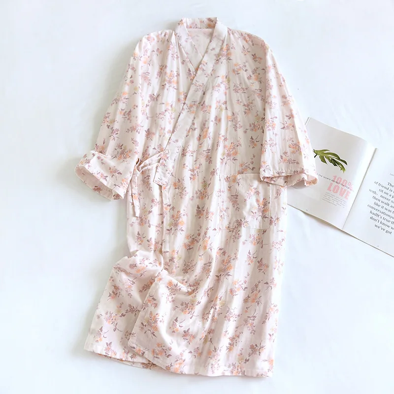 Summer 100% Cotton Gauze Women\'s Pajamas Japanese Kimono Robes Flower Print Bathrobe Loose and Comfortable Sleepwear