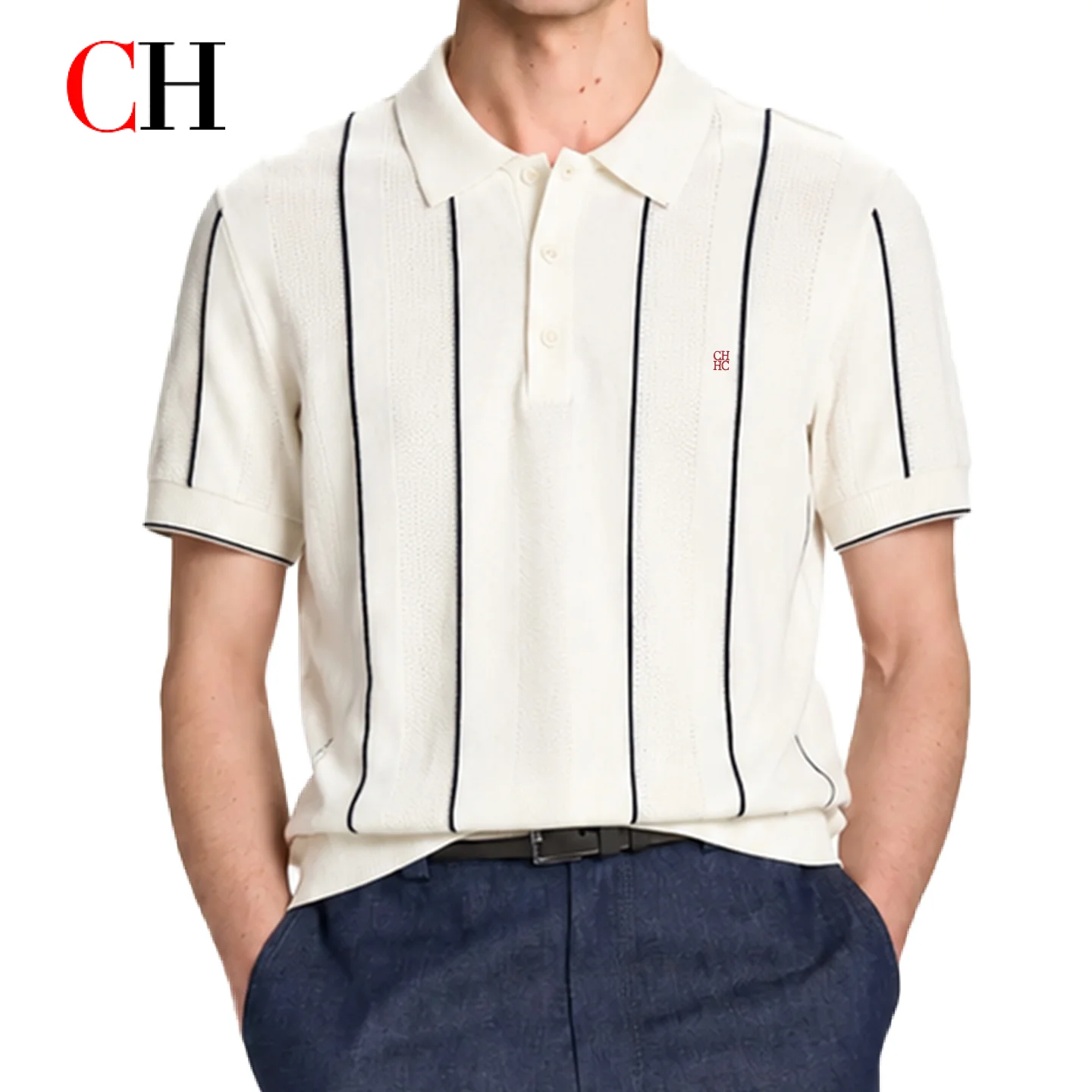 CH Men's  Striped Knit Polo Shirt Short Sleeve Button Down Casual Retro Tennis Style Tops For Daily Wear