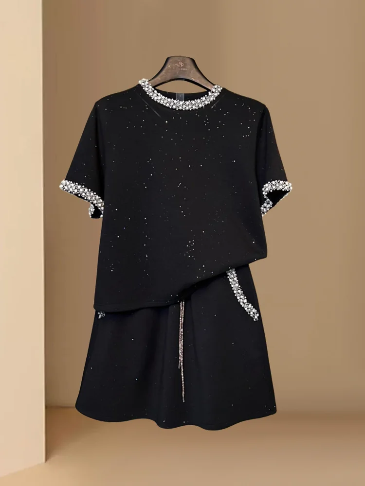 

Trendy Short Sleeve T-Shirt And Shorts Set Women's Summer New Style Korean Loose Design Heavy Beading Fashion Sensation Two P...
