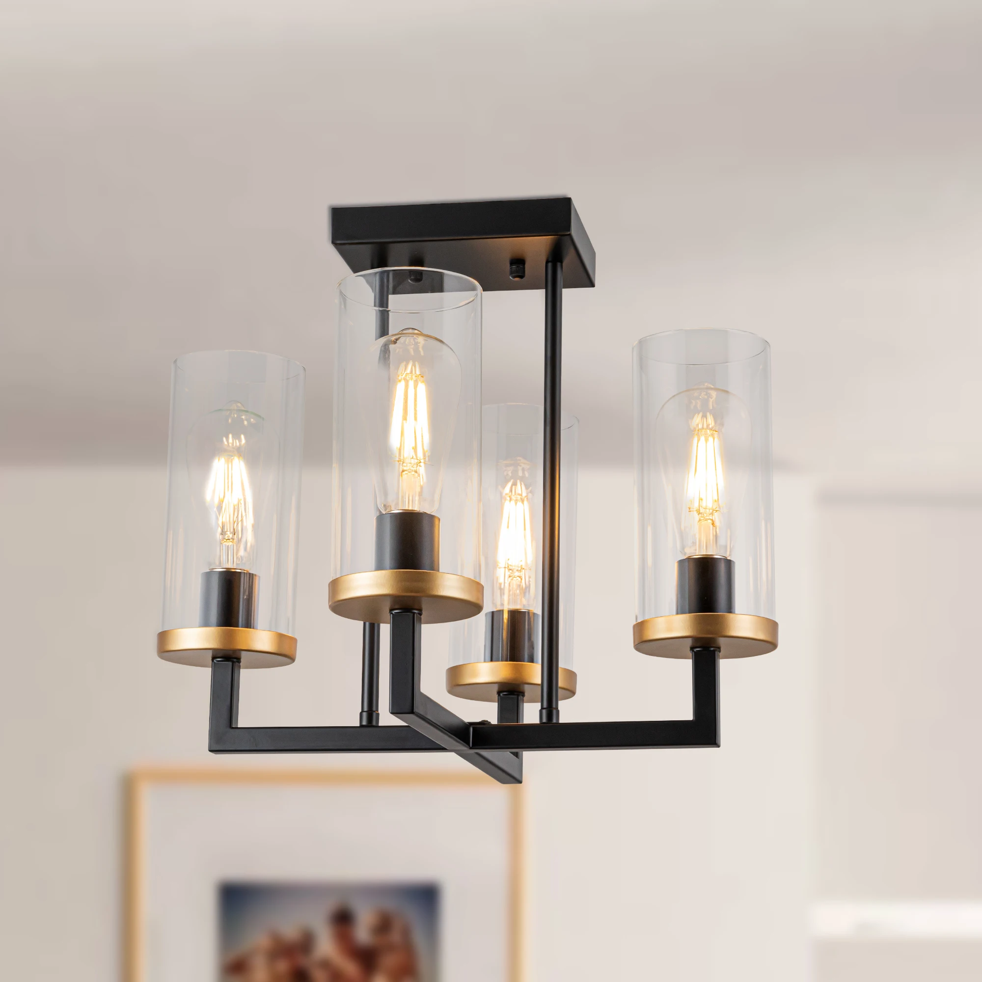 4 Lights Sleek Black Foyer Chandeliers Kitchen Island Pendant Light With Canopy Base For Bedroom Entrance Diningroom