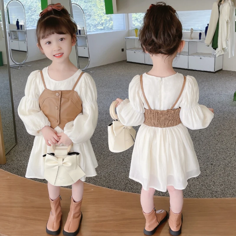 Spring Autumn Children's Girls Dress Set Long Sleeve Retro PU Leather Vest + Dress Set Teenage Girls Clothing Suit