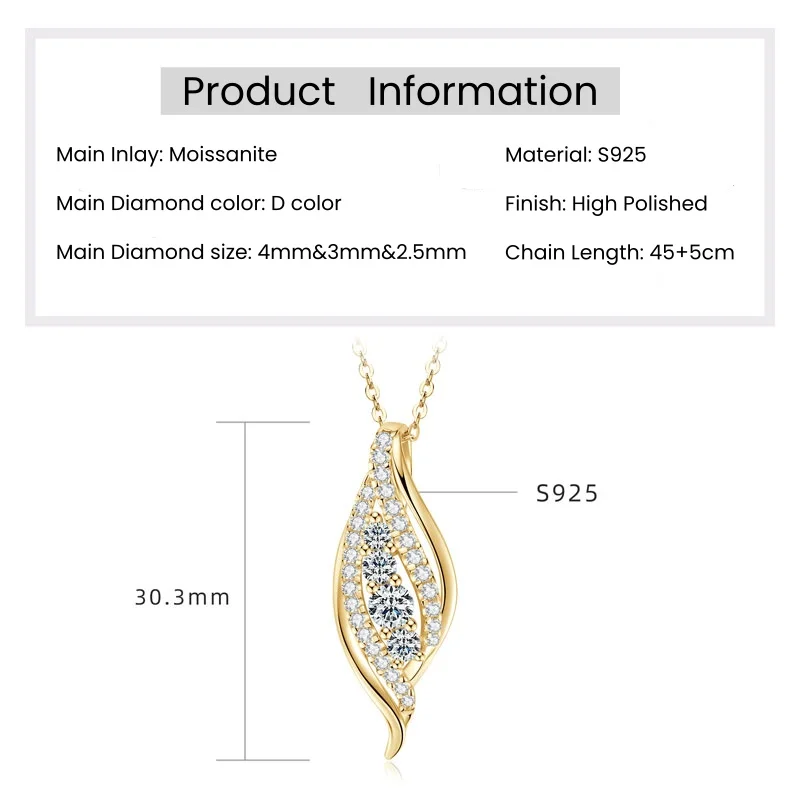 IOGOU Original 925 Silver Moissanite Curve Pendant Necklace 4mm&3mm&2.5mm D Color Lab Diamond Jewelry Engagement Gift for Women