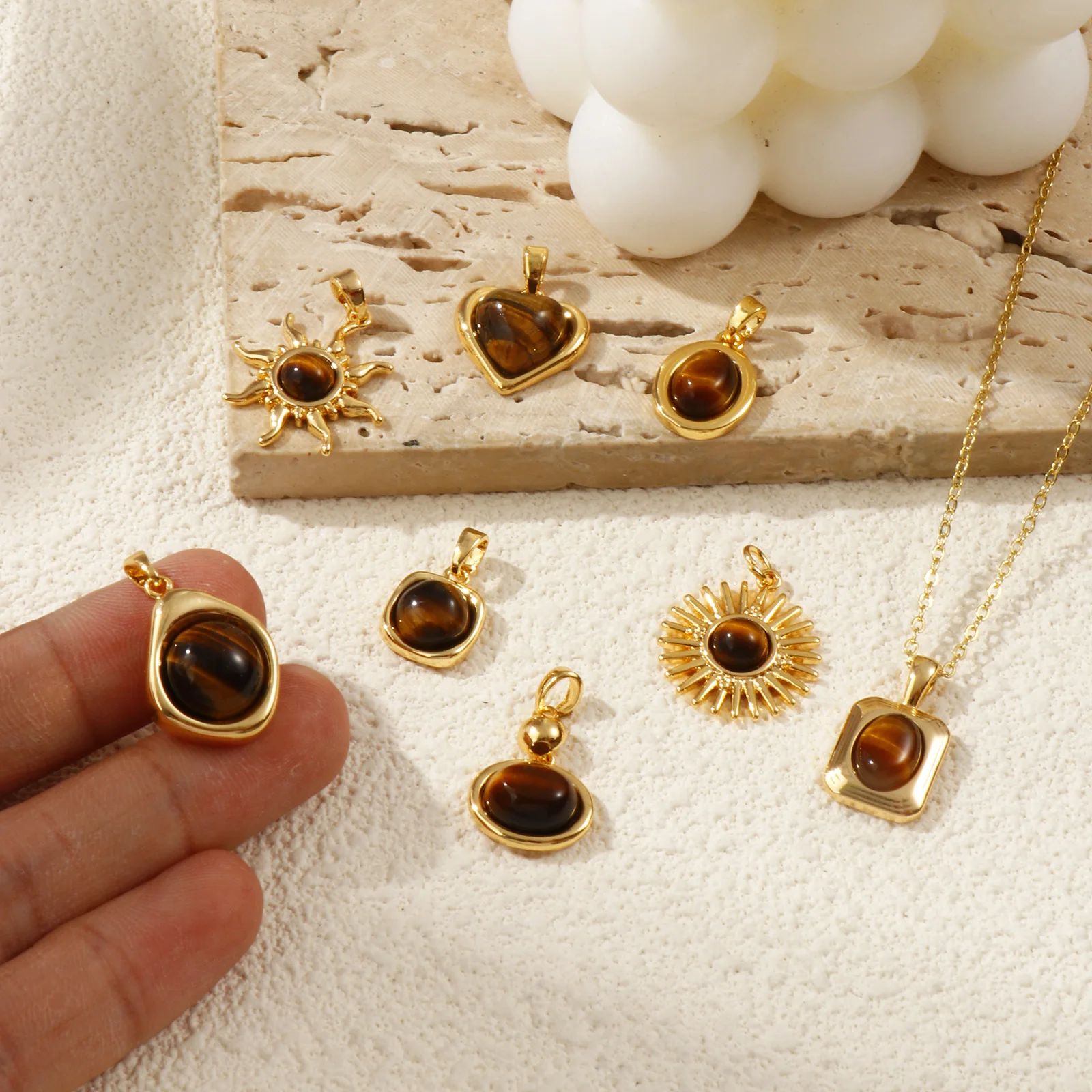 1PC Brass & Tiger's Eyes Stone Charms 18K Gold Plated Brown Heart Sun Water Drop Oval Pendants For DIY Keychains Necklace Making