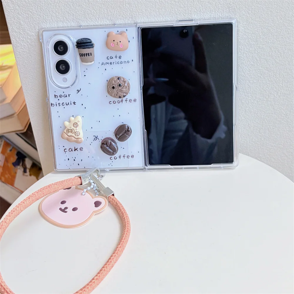 New Fashion Cartoon Coffee beans stand Phone Case For Samsung Galaxy Z Fold 8 Ultra Z Fold 7 6 5 4 3 Shockproof Cover Chain