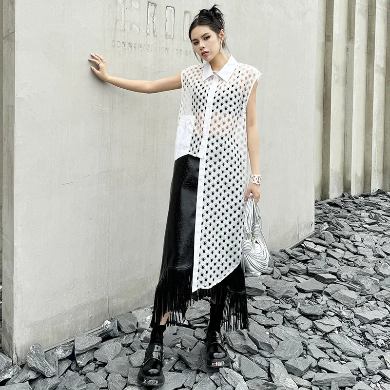 Perspective Grid Irregular Design Sleeveless Shirt Women 2024 Summer New Loose Versatile Long Top LX1498