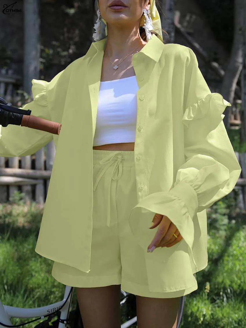 

Oymimi Eleagnt Yellow Cotton Woman 2 Piece Set Outfit Casual Long Sleeve Ruffled Button Shirts And Drawstring Shorts Female Sets