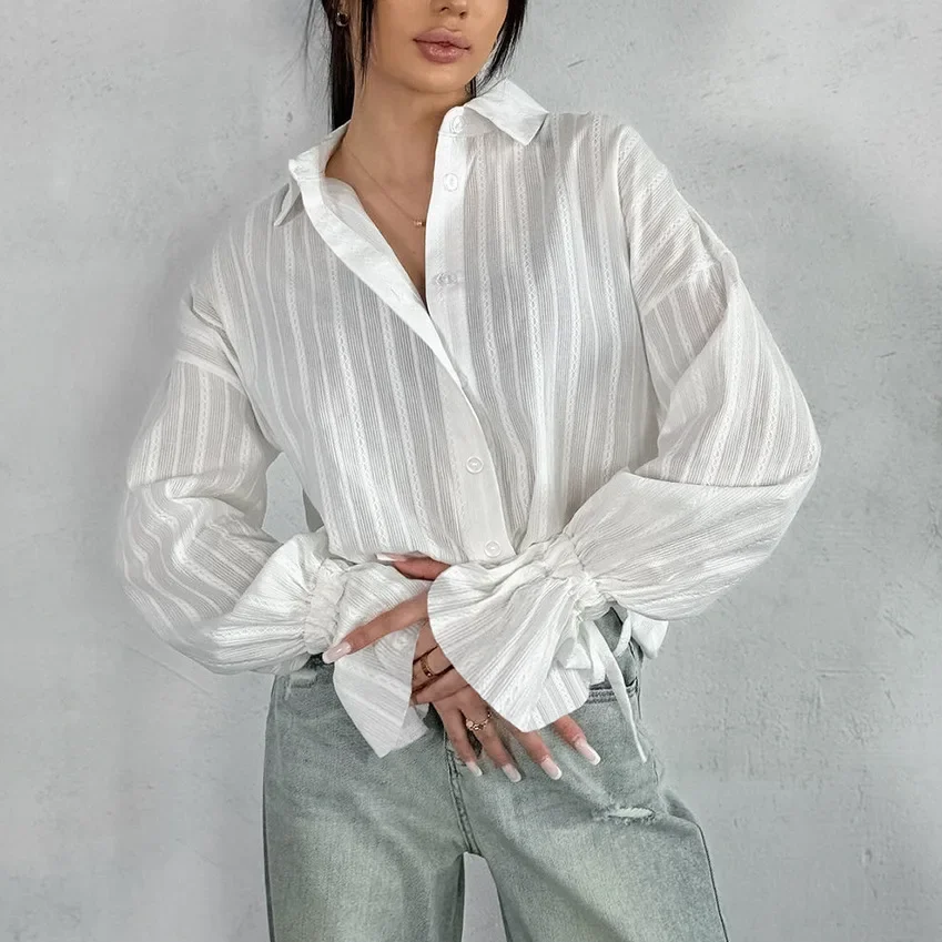 

French Jacquard 100% Cotton Shirts Women Clothing Flare Long Sleeve Lapel Lace-up Loose White Shirt Match Pants Lady Streetwear