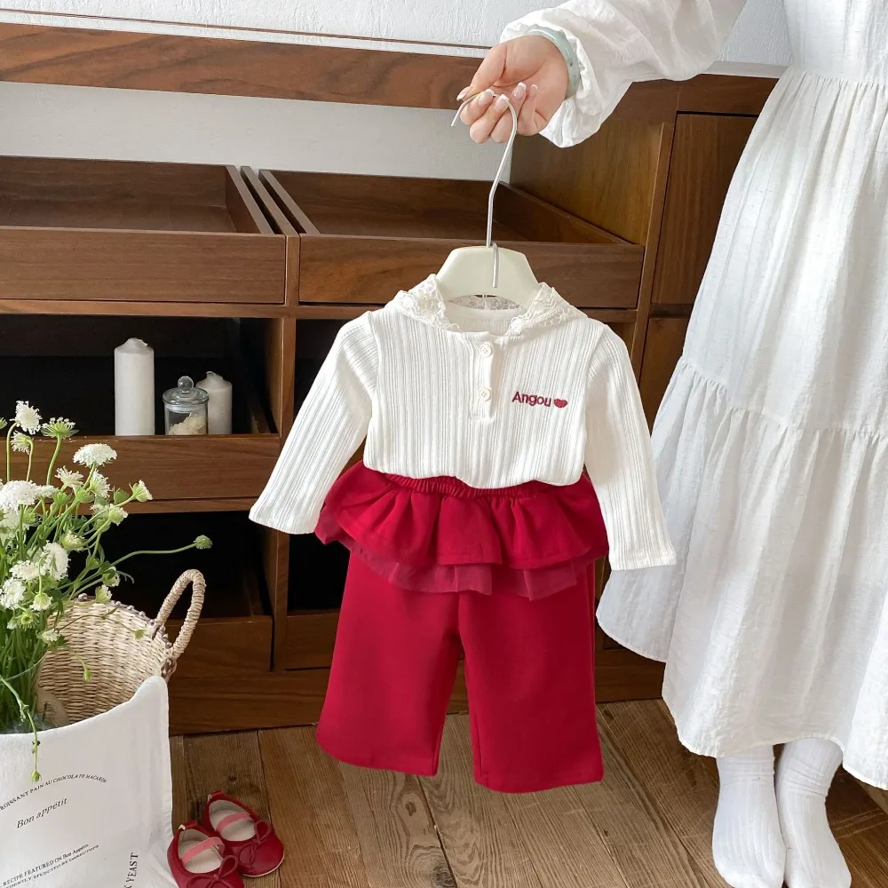 New Autumn 2 Pcs Outfit For Baby Girls, Lace Hooded Ribbed Sweatshirt Loose Fit Shirttail Pants Kids Casual Set