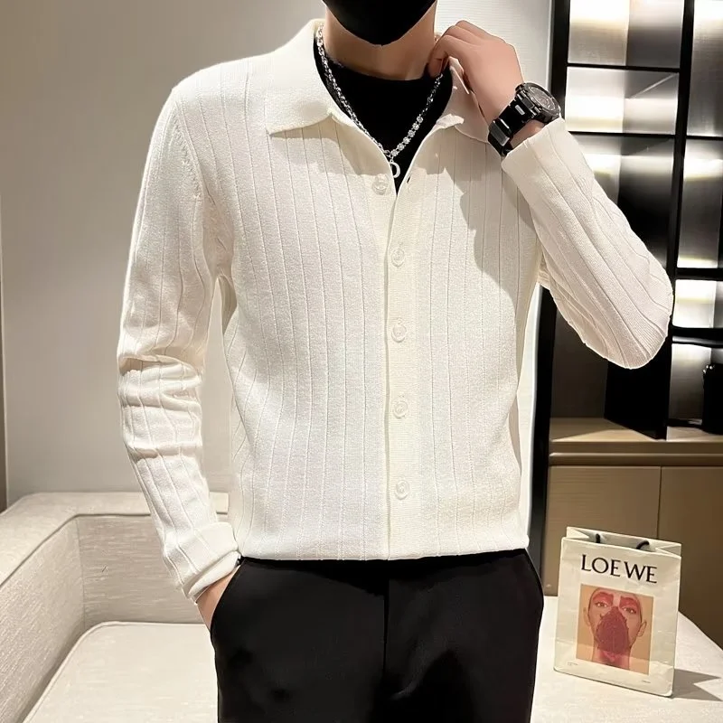 

Autumn Winter Men's Light Maturi Sle Casual Knitted Open Cardigan Slim Fit Collar Sweater Trendy Versatile Yarn Jaet