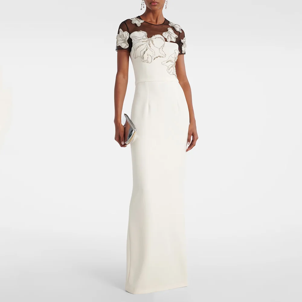 

Индивидуальное вечернее платье с вырезом-лодочкой и короткими рукавами, контрастное, из джерси, прямого кроя, в пол, с бисером, для выпускного вечера/вечеринки