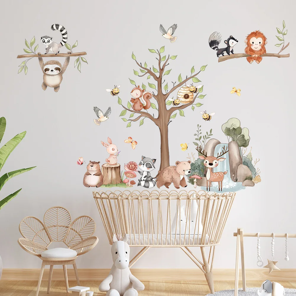 Cartoon Monkey Animal Deer With Tree Wall Sticker For Kindergarten Kids Room Home Diy Cartoon Wall Decal Forest Animal Mural Art