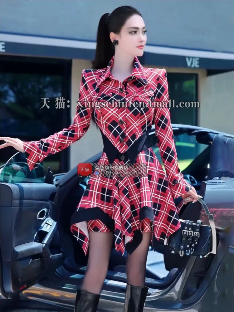 A new designer shirt dress with colorful checkered print and irregular hem