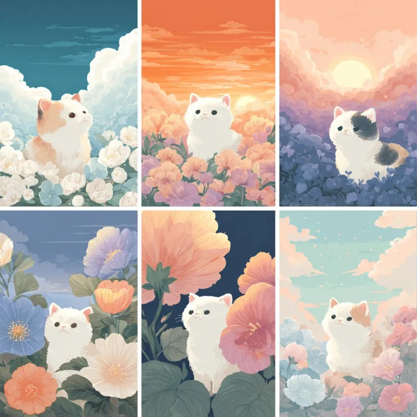 

6 groups of paintings Cat and Flower Field Painting By Numbers Kit DIY Acrylic Artwork Canvas Art Gift Home