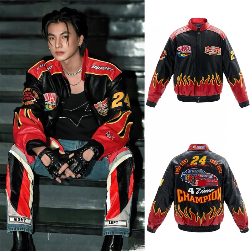 Luxury 2024ss Flame Embroidery Street Bike Racing High Quality Retro Oversize Leather Jacket 