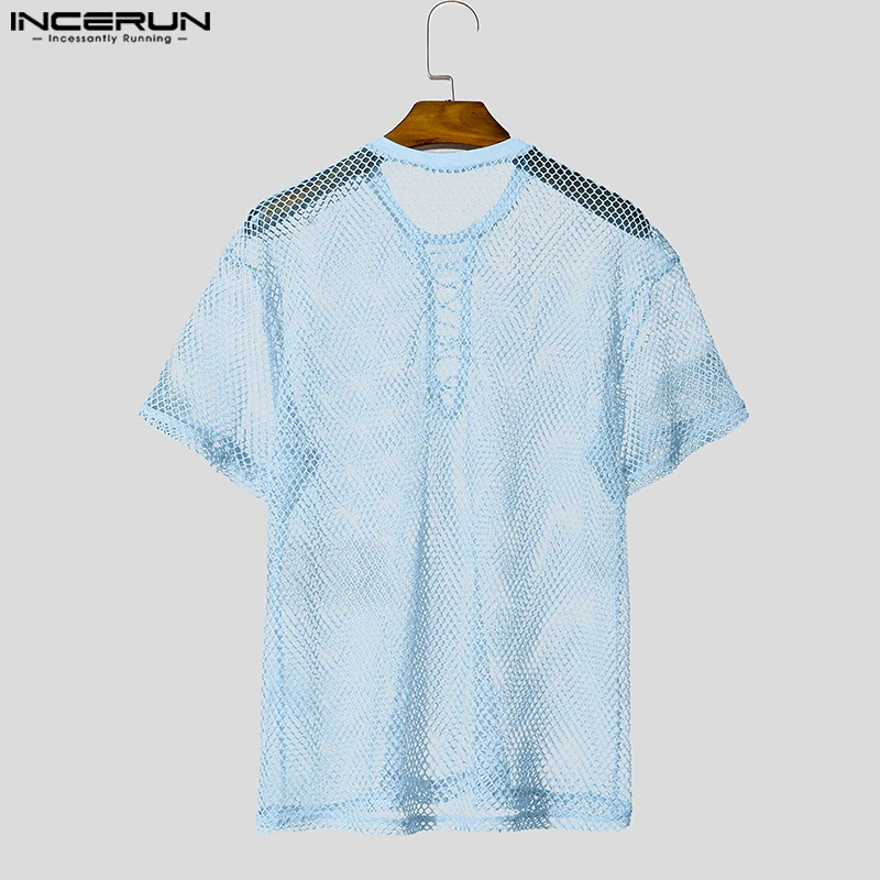 INCERUN الرجال تي شيرت بلون شبكة الجوف خارج انظر من خلال الخامس الرقبة طويلة الأكمام الذكور المحملة القمم الشارع الشهير مثير 2025 الرجال الملابس