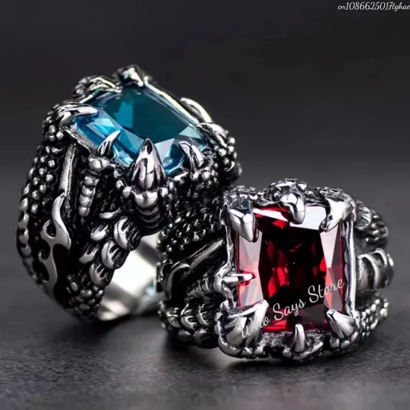 Gothic Blue and Red Crystal Evil Demon Dragon Claw Ring for Men Gram Biker Punk Rock Hip Hop Cool Jewelry Accessories