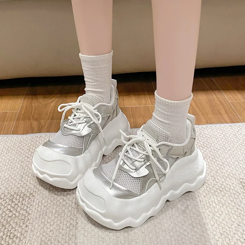 

8CM Air Mesh Synthetic Leather Platform Wedge Sneakers High Brand Casual Women Shoes Ladies Vulcanize Fashion Summer Breathable