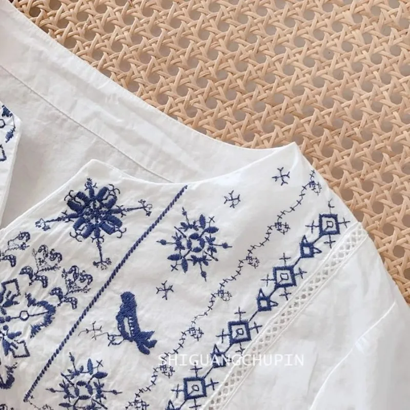 2025 verão novo estilo chinês linho bordado feminino retro literário vintage solto camisa de manga curta topo feminino