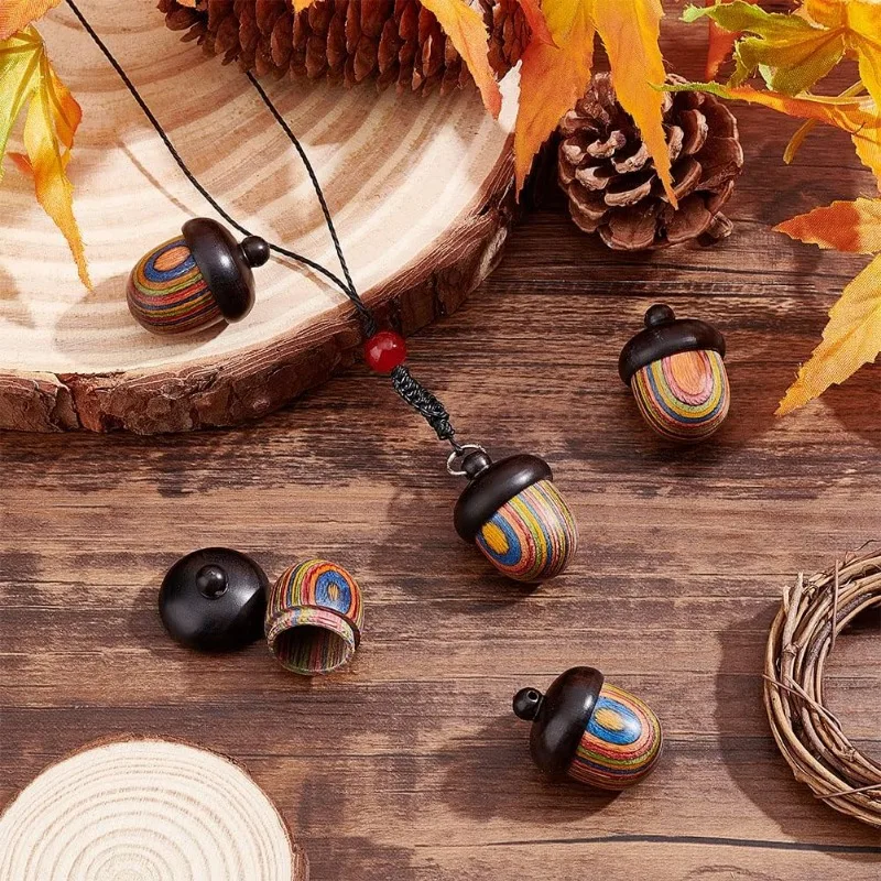 5Pcs Miniature Rainbow Wood Nut Acorn Pendant Mini Cremation Urns for Ashes Box Pendants Openable Wood Acorn Charms for DIY Key