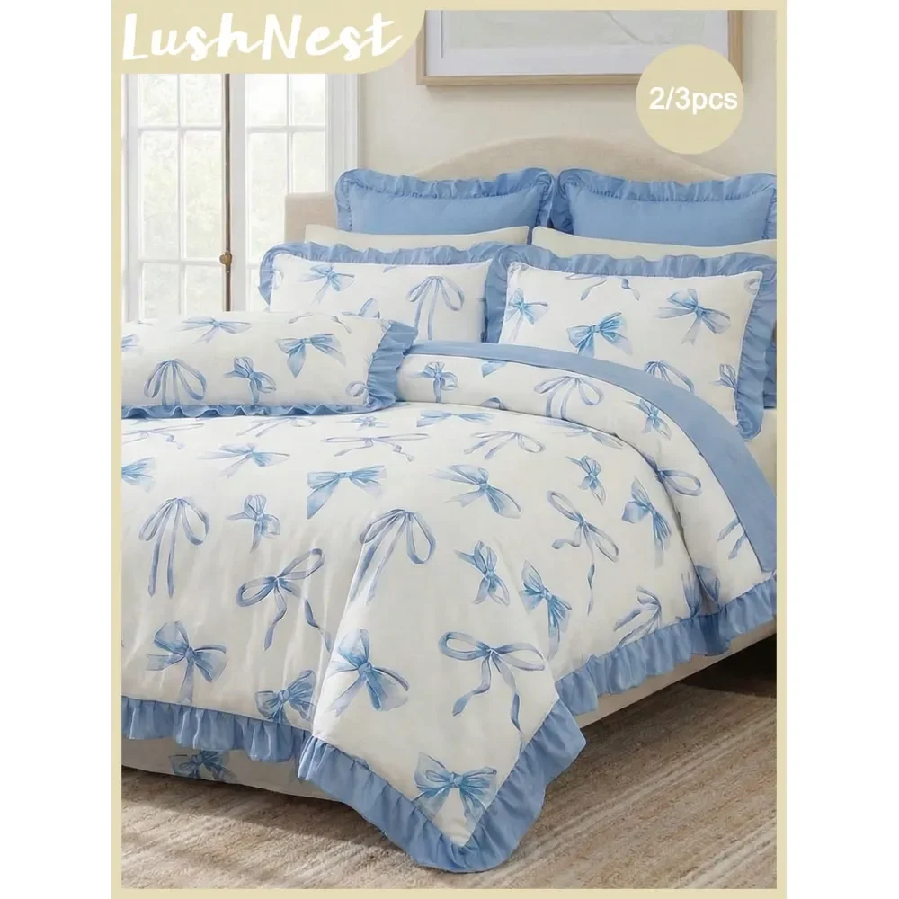 

Комплект постельного белья с синим акварельным принтом в виде бантиков и рюшами, 3 предмета, включая 1 пододеяльник и 2 наволочки без наполнителя, подходит для декора комнаты.