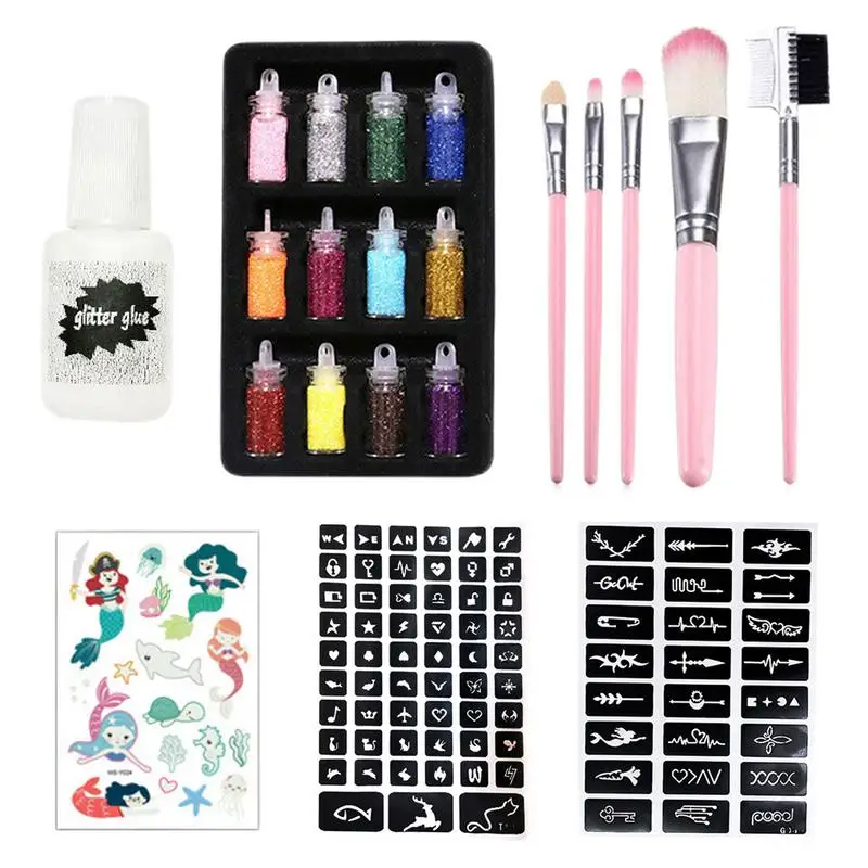 

Body Glitter Stickers Makeup Kit Luminous Temporary Stickers With Stencils 12 Colors Body Glitter With Makeup Brushes For kids