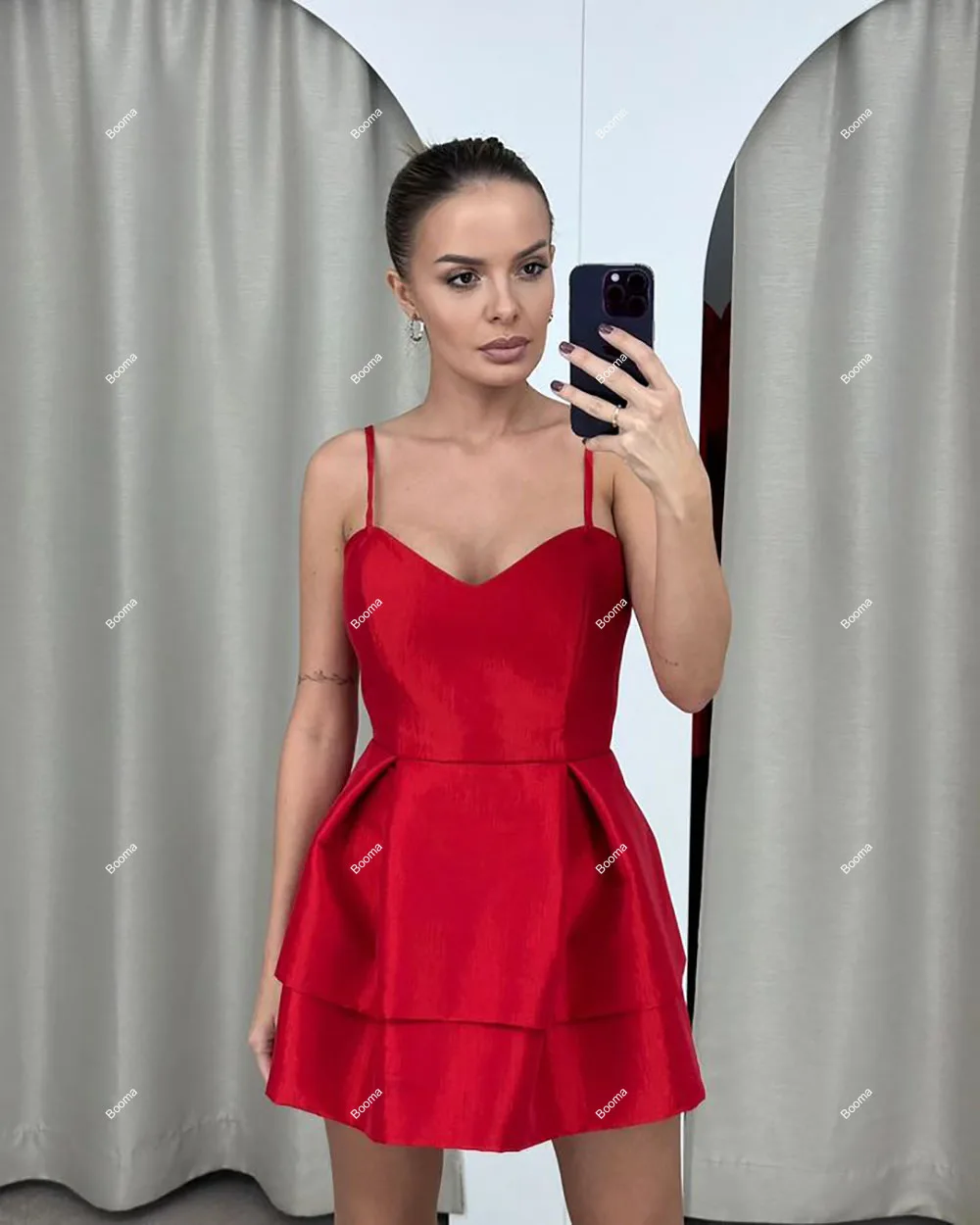 Booma Red Mini Prom Party Dresses Sweetheart Tiered Satin Cocktail Dresses for Women Sleeveless Special Occasion Gowns Outfits