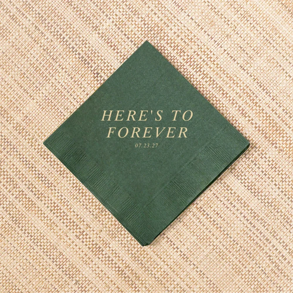 50PCS Personalized Wedding Napkins - Here's To Forever Quote - Cocktail Napkin, Foil Stamped Napkin, Wedding, Paper Napkins, Nap