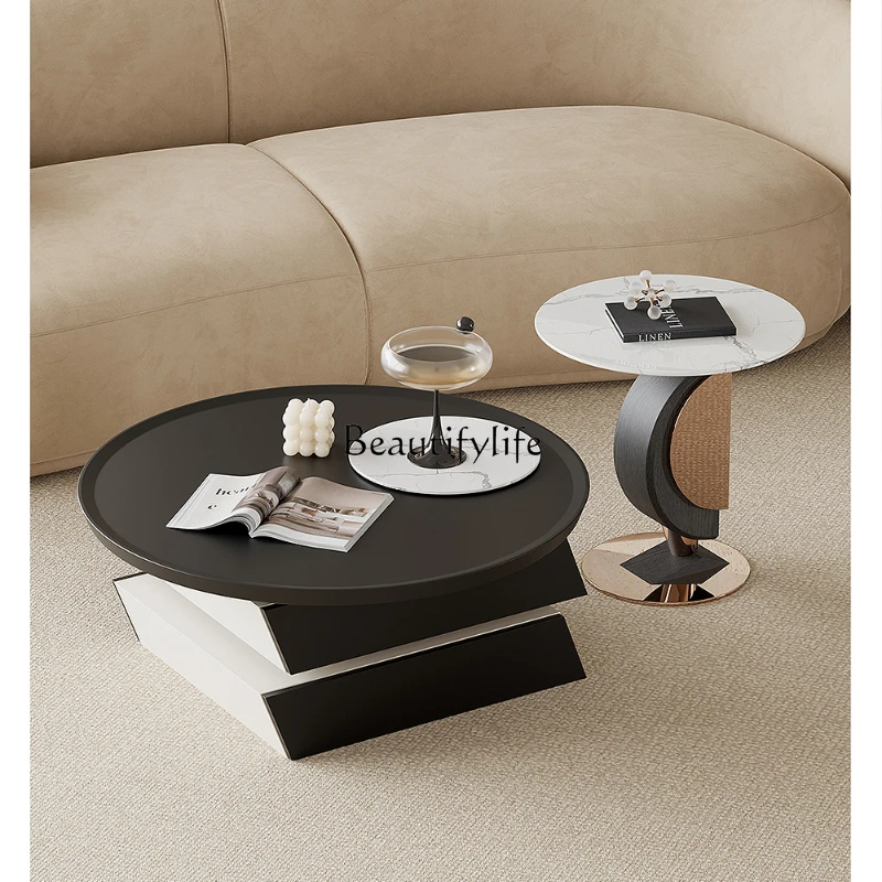 

Italian minimalist coffee table combination light luxury solid wood edge table marble living room small apartment round