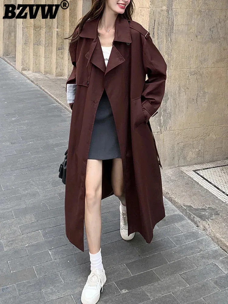 BZVW Wine Red French Style Trench Womne\'s 2024 Autumn New Lapel Solid Color Belt Gathered Waist Long Casual Coats 25A9268