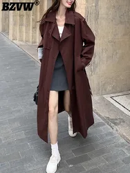 BZVW Wine Red French Style Trench Womne's 2024 Autumn New Lapel Solid Color Belt Gathered Waist Long Casual Coats 25A9268