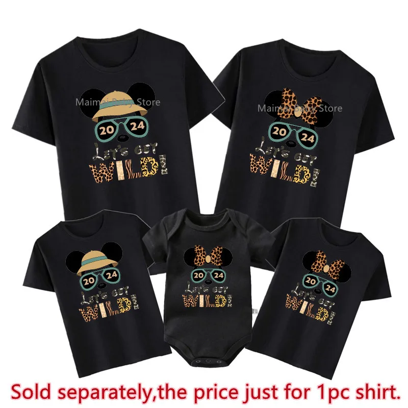 2024 Disney Let\'s Get Wild Funny Family Matching Shirts Animal Kingdom Mickey Minnie Print Dad Mom Kids Baby Family Trip Outfits