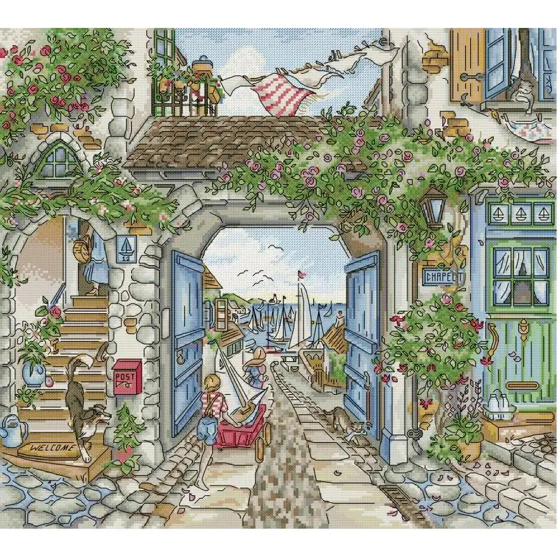 NKF Stamping Cross Stitch Kit Harbor View Pattern Embroidery 14CT 11CT 16CT Canvas Printed Cloth Needlework Set DIY Home Decor