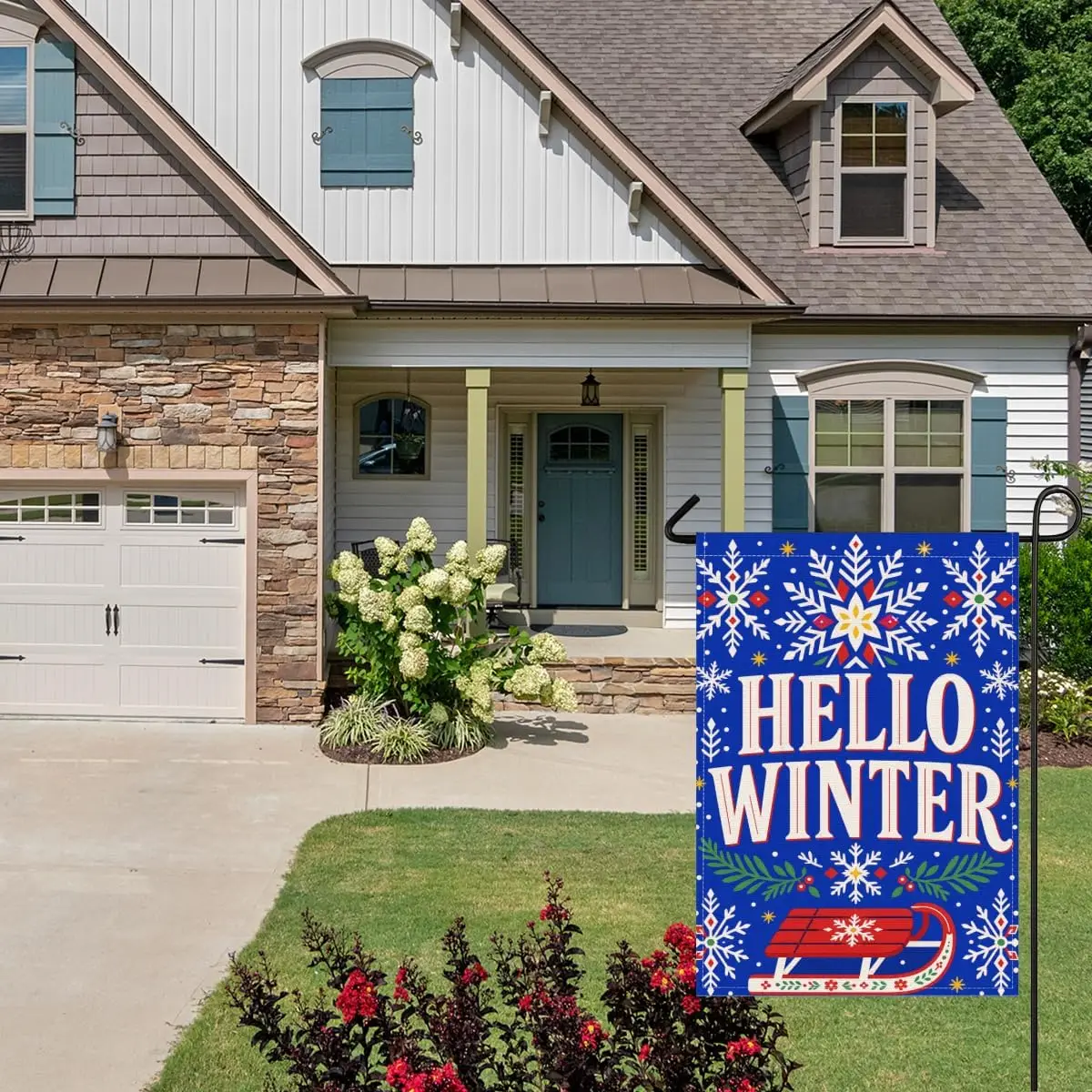 Hello Winter Sled 28x40 Inch Garden Flag Linen Red Snowflakes Yard aaz