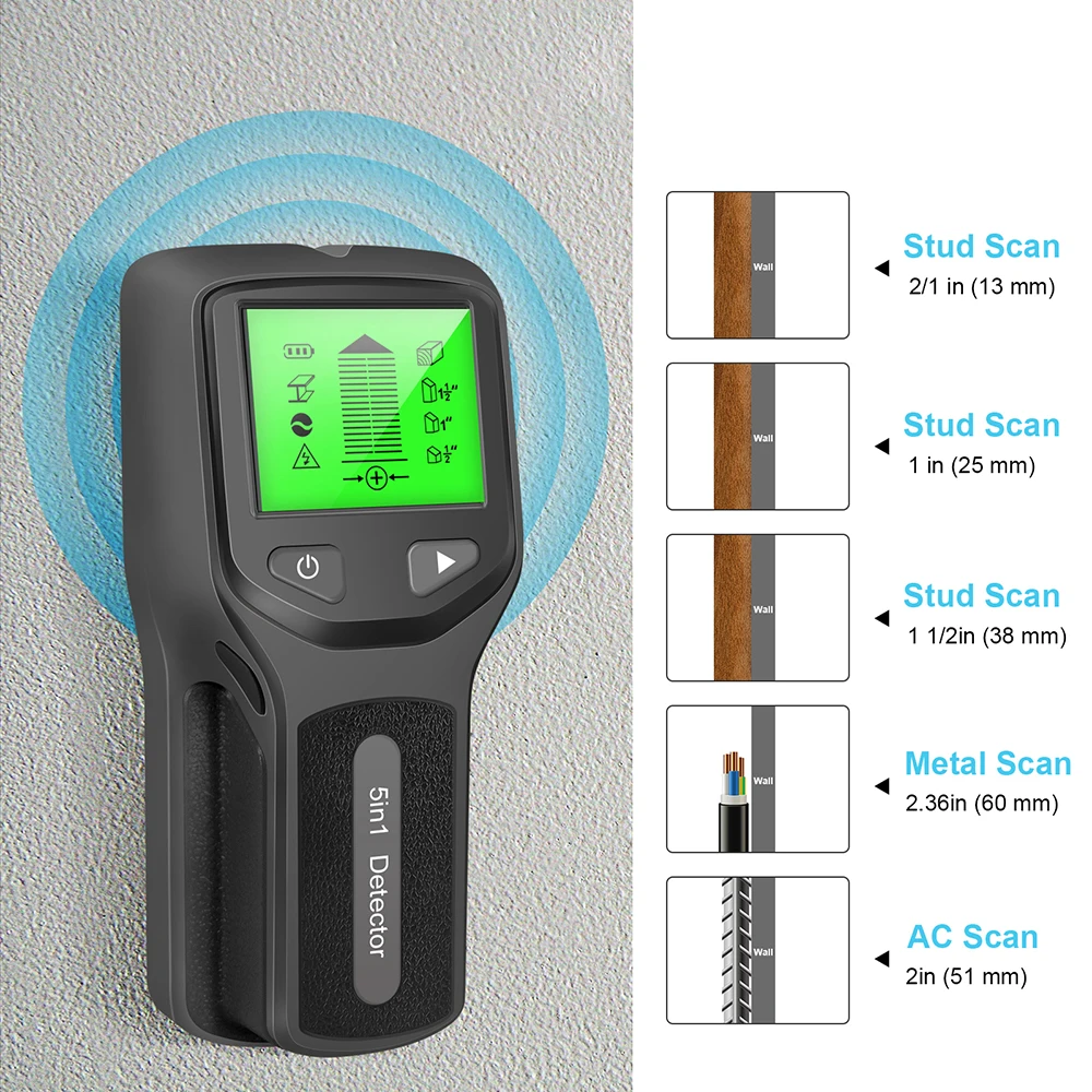 5 In 1 Metal Detector Wall Detector Wall Scanner Find Metal Wood Studs Electric Box Finder AC Voltage Live Wire Detect