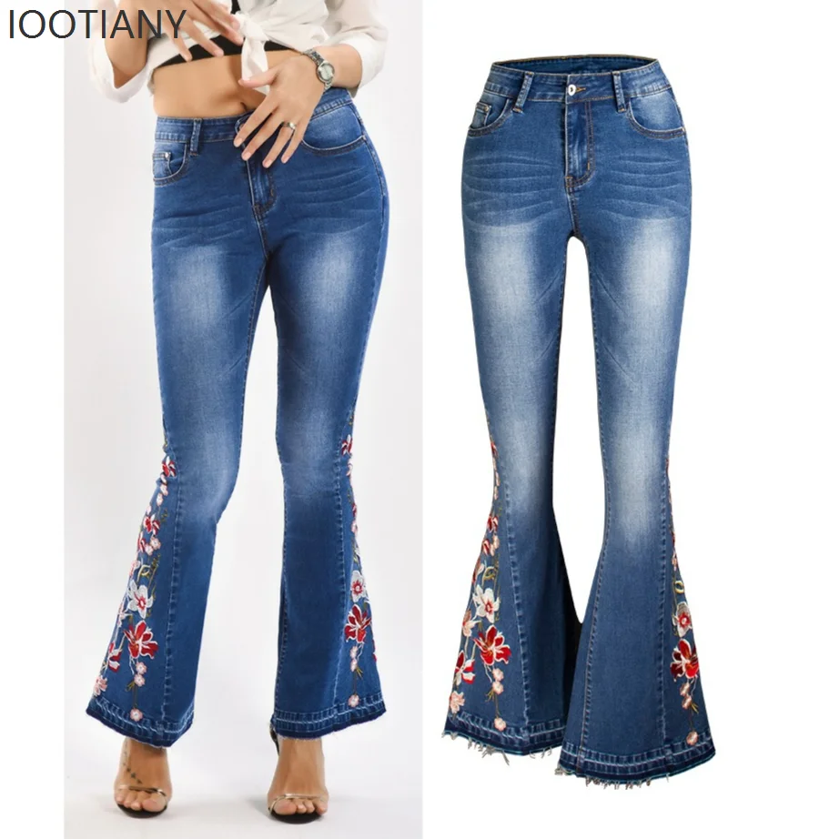 

Джинсы-клеш женские, расклешенные, с вышивкой, полной длиной, с карманами, рваные, со средней посадкой, винтажные, уличный стиль, джинсовые брюки