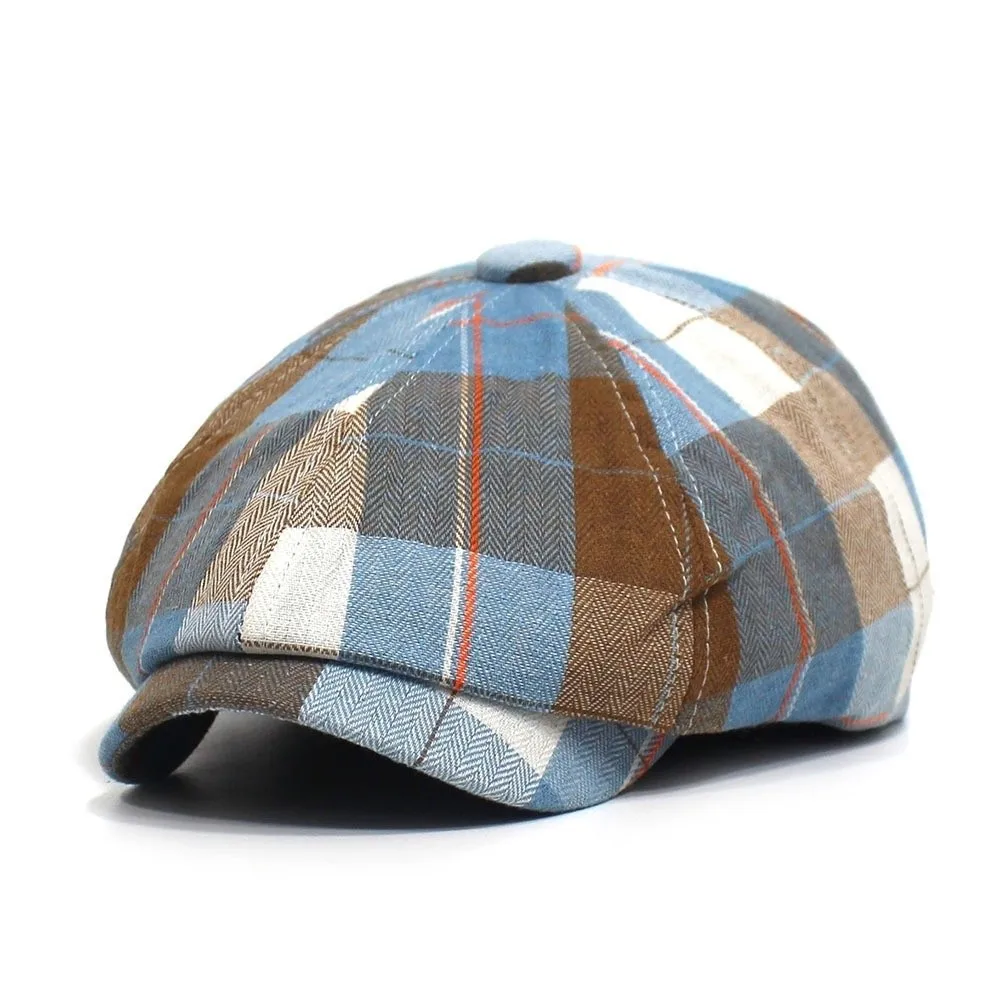 New Short Brim Plaid Beret Hat Thin Lightweight Vintage Octagonal Cap Breathable Casual Newsboy Cap Spring Summer