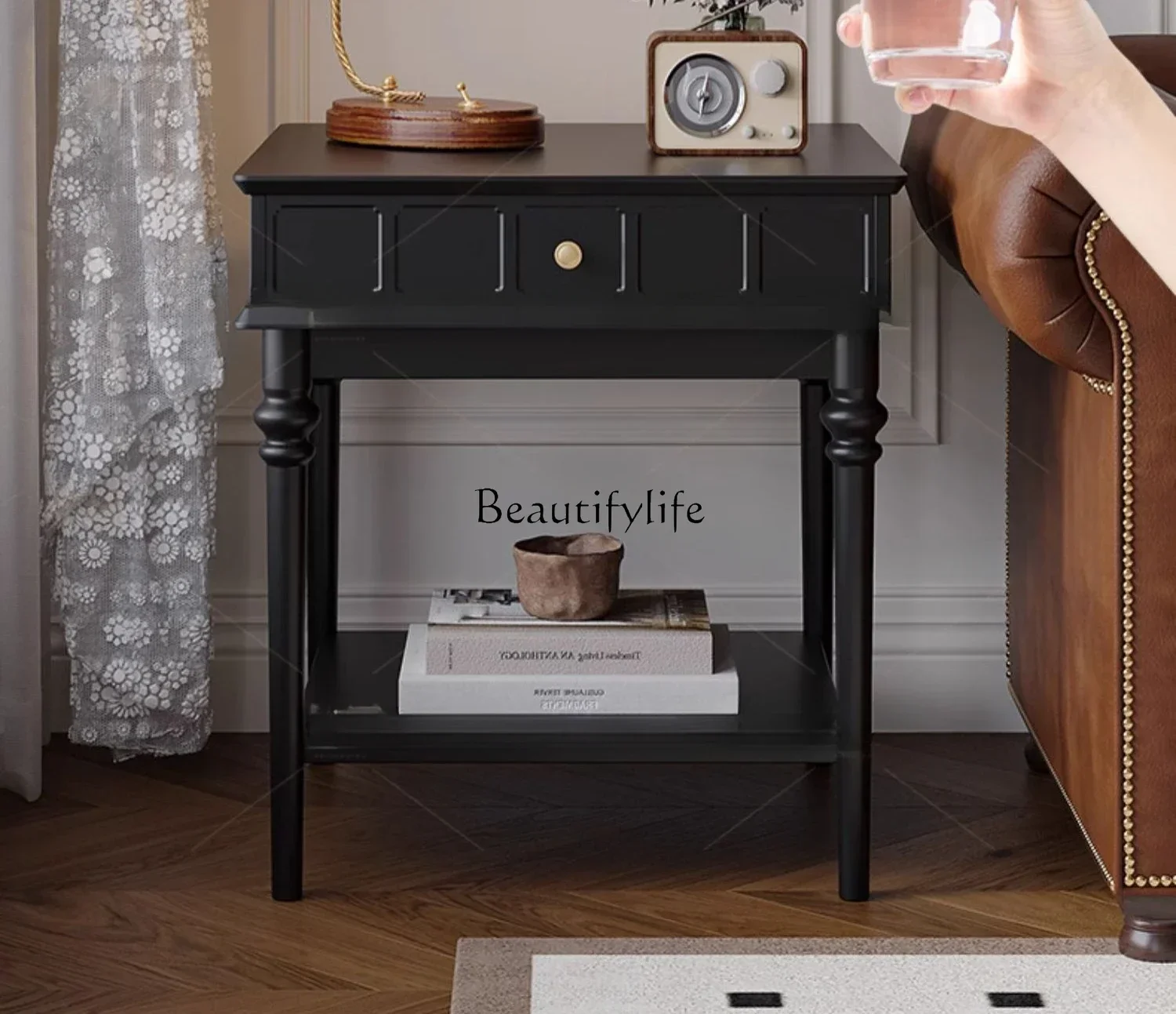 

LSolid wood sofa side cabinet bedside black small square table