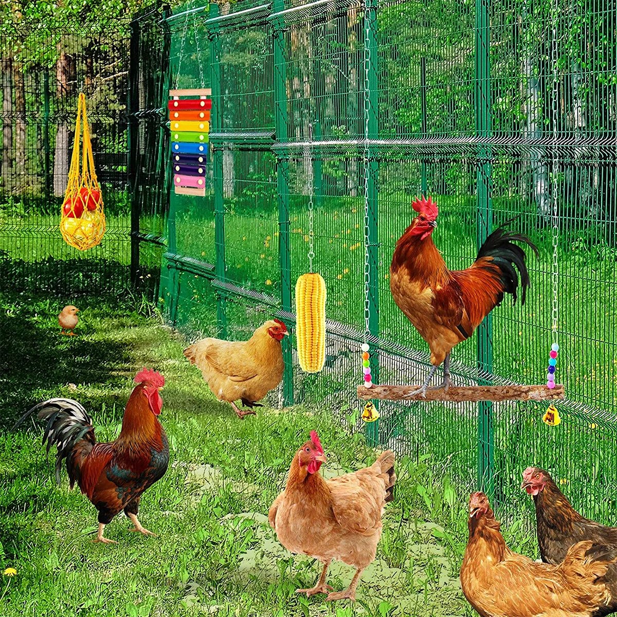 1/6Pcs Chicken Toys Set Chewing Foraging Toys with Wooden Swing Fruit Vegetable Hanging Feeder Xylophone Mirror Bell Ladder Toys