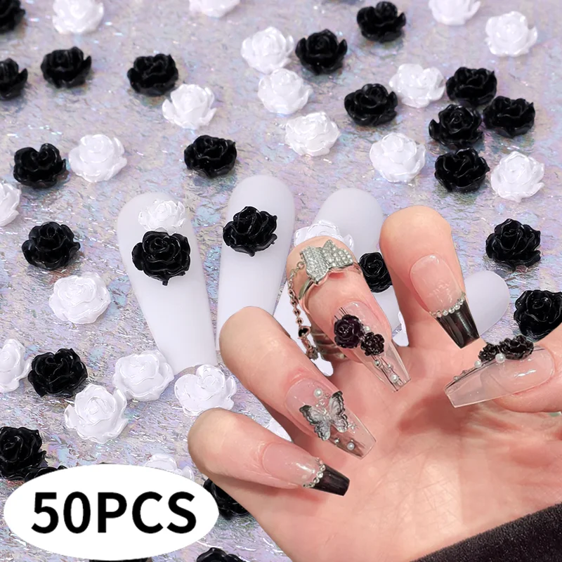 3D Camellia Flower Nail Art Decoration 50PCS Resin White Black Aurora Rose DIY French Nails Design Charming Jewelry Accessories