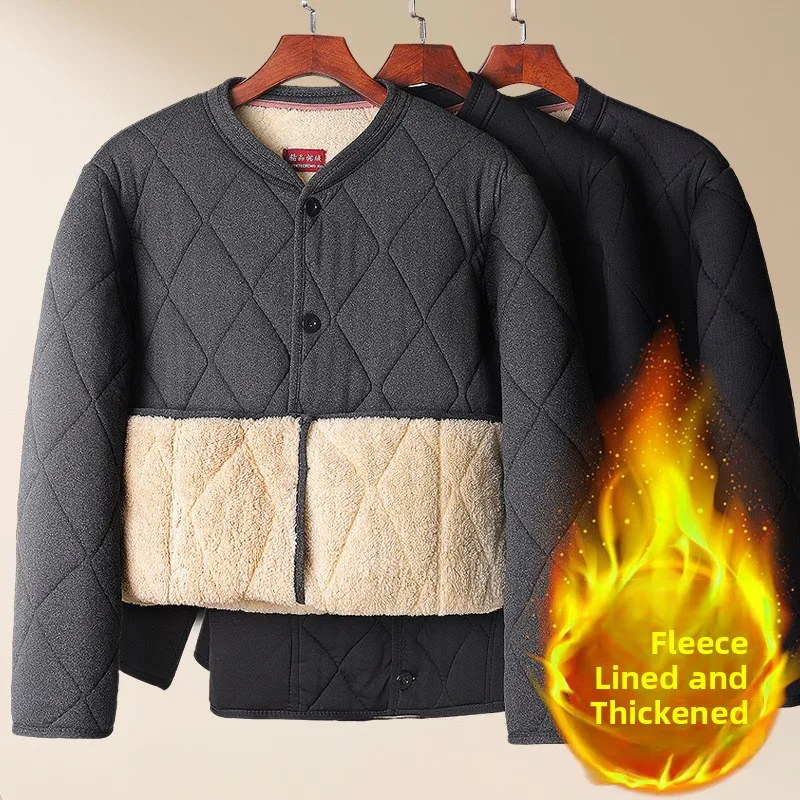 

Thiened Lamb Velvet Fce Winter Jaet for Middle-Aged And ly Men Warm Coat Long Sle Single Button Decoration Pure...
