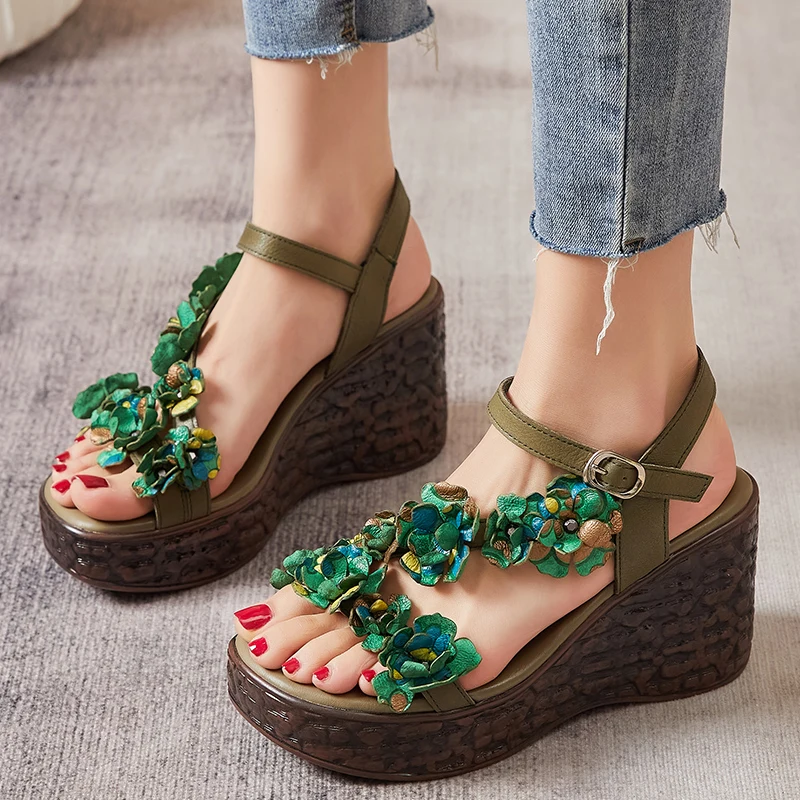 

GKTINOO 2023 Summer New Retro Genuine Leather Handmade Breathable Lady Shoes Peep Toe Floral Muffin Comfortable Women Sandals