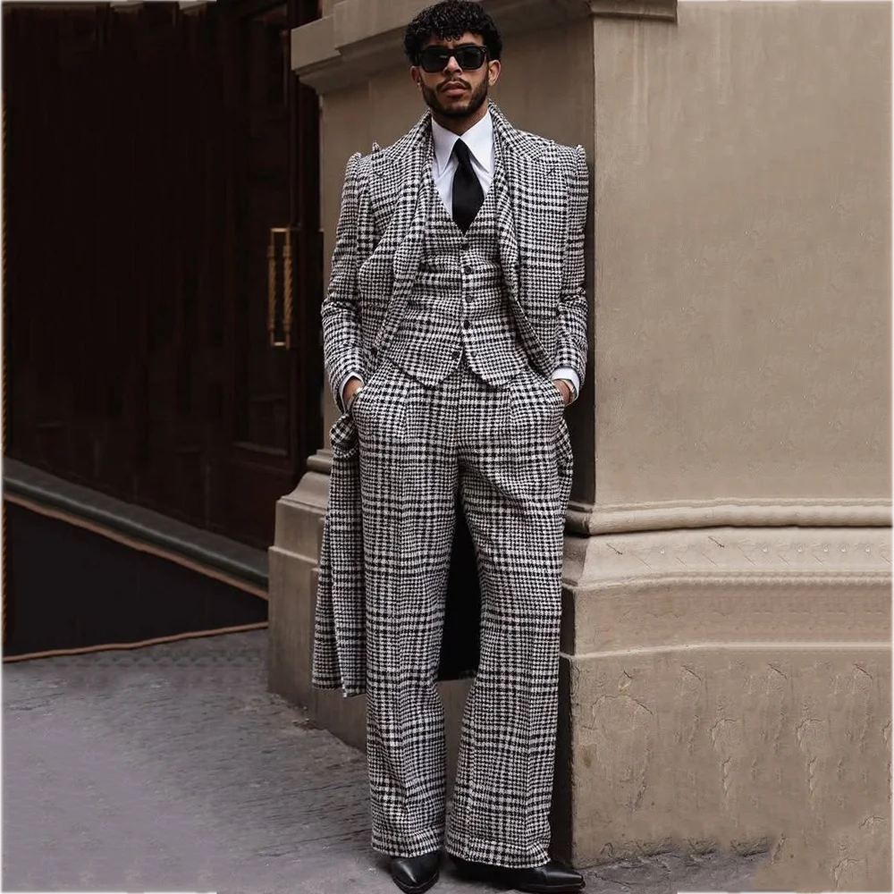 Vintage Houndstooth Plaid Suit For Men Elegant Peak Lapel Long Blazer Outfit Straight Fit Wedding Groom Prom Formal Male 3 Piece