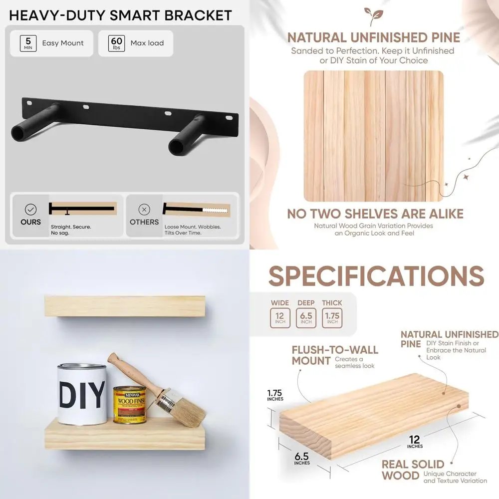 

Плавающие полки премиум-класса из натурального дерева, 12 шт., набор из 4 настенных, незавершенные, сверхпрочные кронштейны, 12x6,5x1,75 дюймов