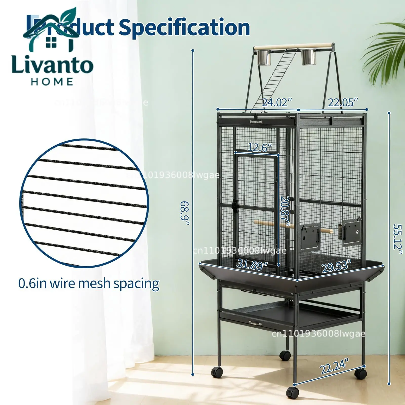 

69" Extra Large Bird Cage with Rolling Stand & Play Top - Wide Metal Parrot Cage for Macaws, Cockatoos