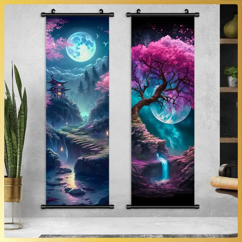VIKAMA Purple Moon Sakura Wall Tapestry Pagoda Waterfall Neon Dreamy Scroll Art Home Decor Unique Gift Soft Durable Cozy Indoor