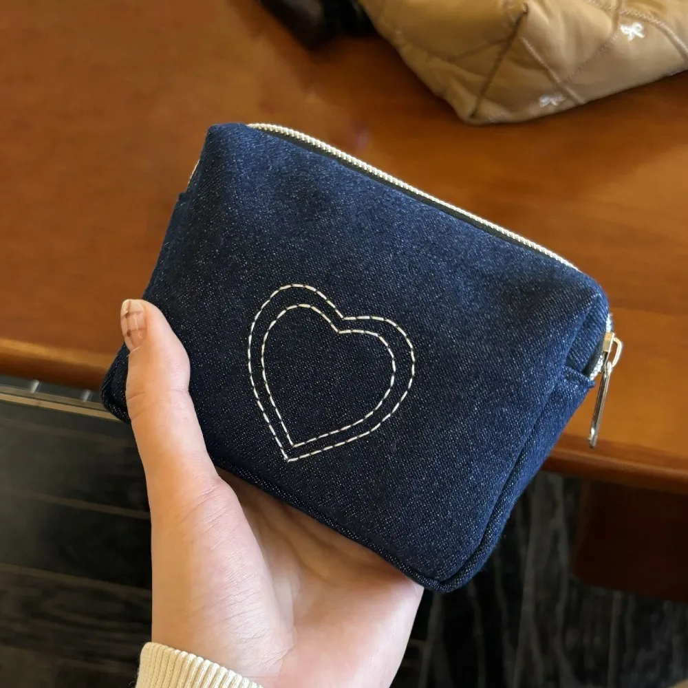 

New Denim Coin Purse Heart Shaped Pattern Thicken Card Bag Large Capacity Multifunctional Makeup Bag