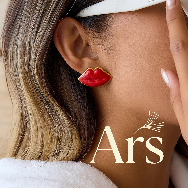 Ars Stainless Steel Red Lips Earrings 18k Gold Plated Stud Earring Statement Ear Studs Enamel Earrings Jewelry Gift for Women