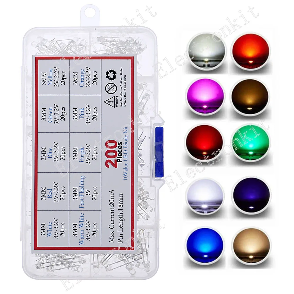 200pcs (10 colors x 20pcs) 3mm LED Diode Kit 3 mm 3V Set Light Emitting Warm White Green Red Blue Yellow Orange Purple UV Pink