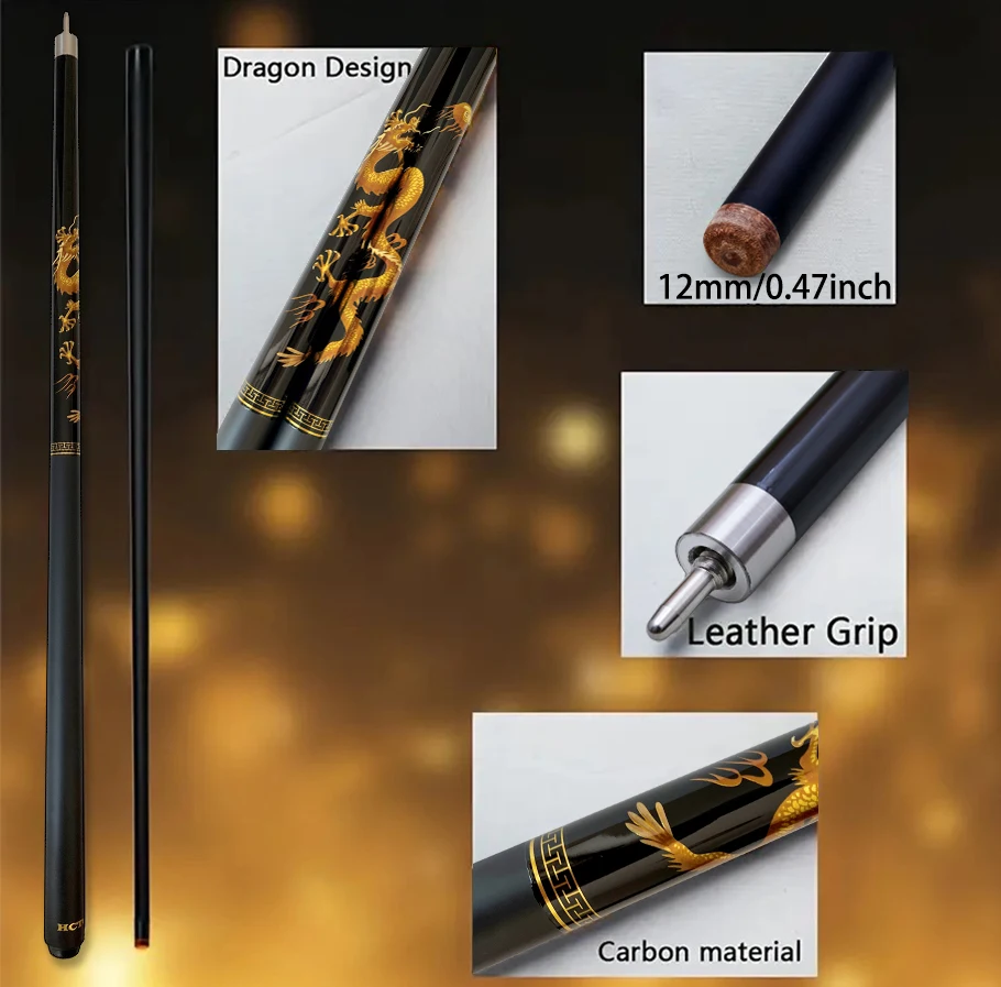 

12mm Composite Carbon Fiber Billiards Cue with Golden Chinese Loong Pattern - High-Quality Durable Snooker Stick for American 9-