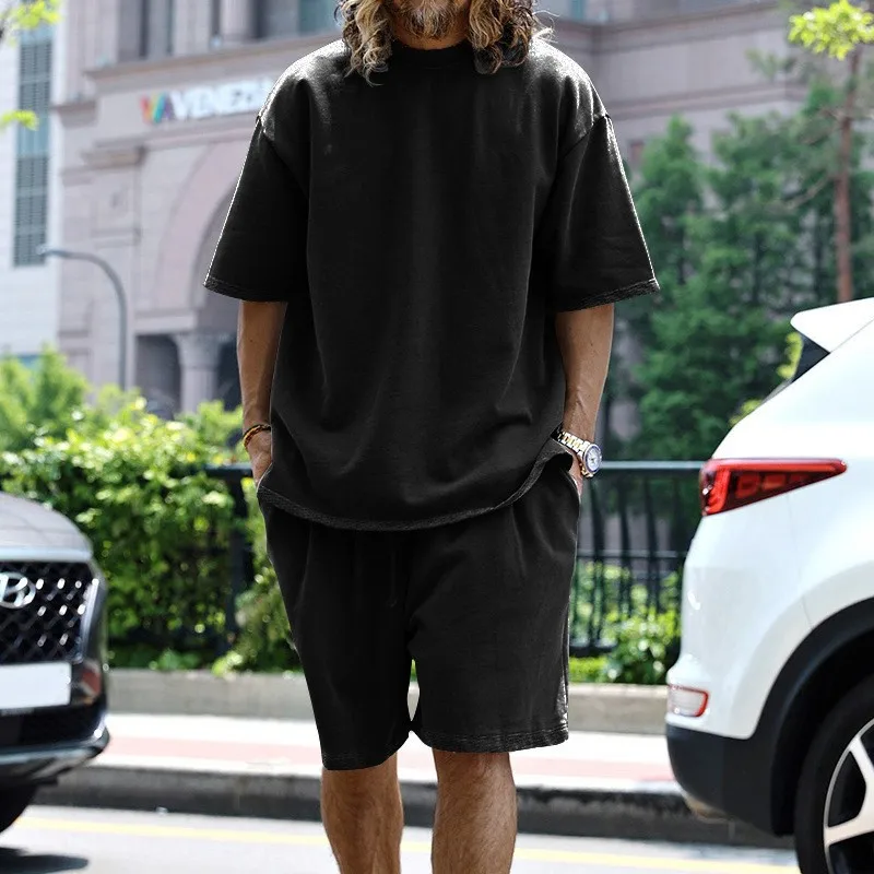 2024 Summer New Large Cotton Men Set Casual Sports Round Neck Solid Color Loose Male Two Piece Set